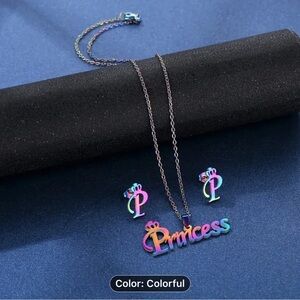 Rainbow colored, stainless steel, princess necklace, and earring set